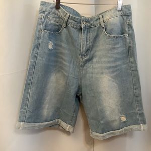 NXH Denim Shorts Women’s Large Distressed Light Wash High Rise Wide Leg Pockets
